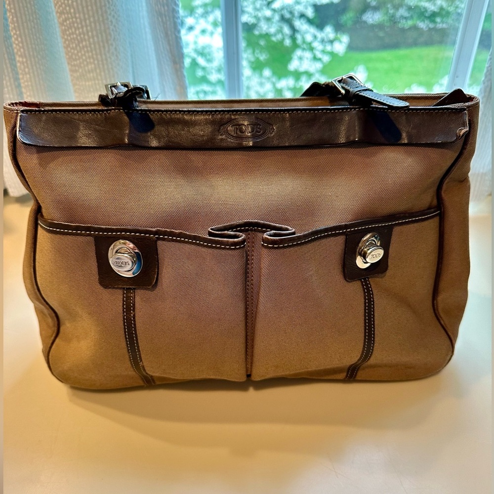 Vintage Tod’s canvas and leather tote bag.